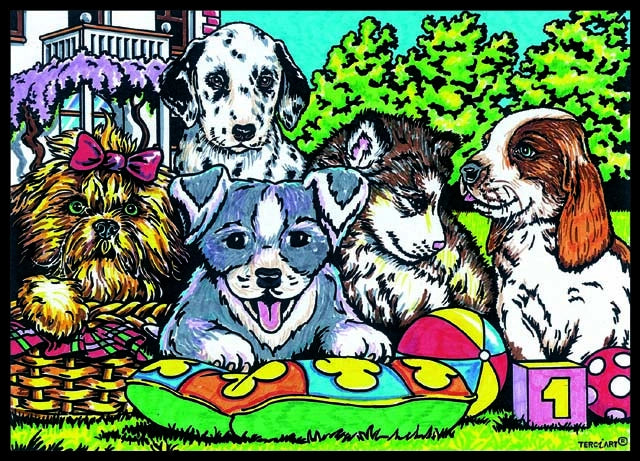 Photo d’un tableau à colorier en relief motif chiots dans un jardin avec jouets.