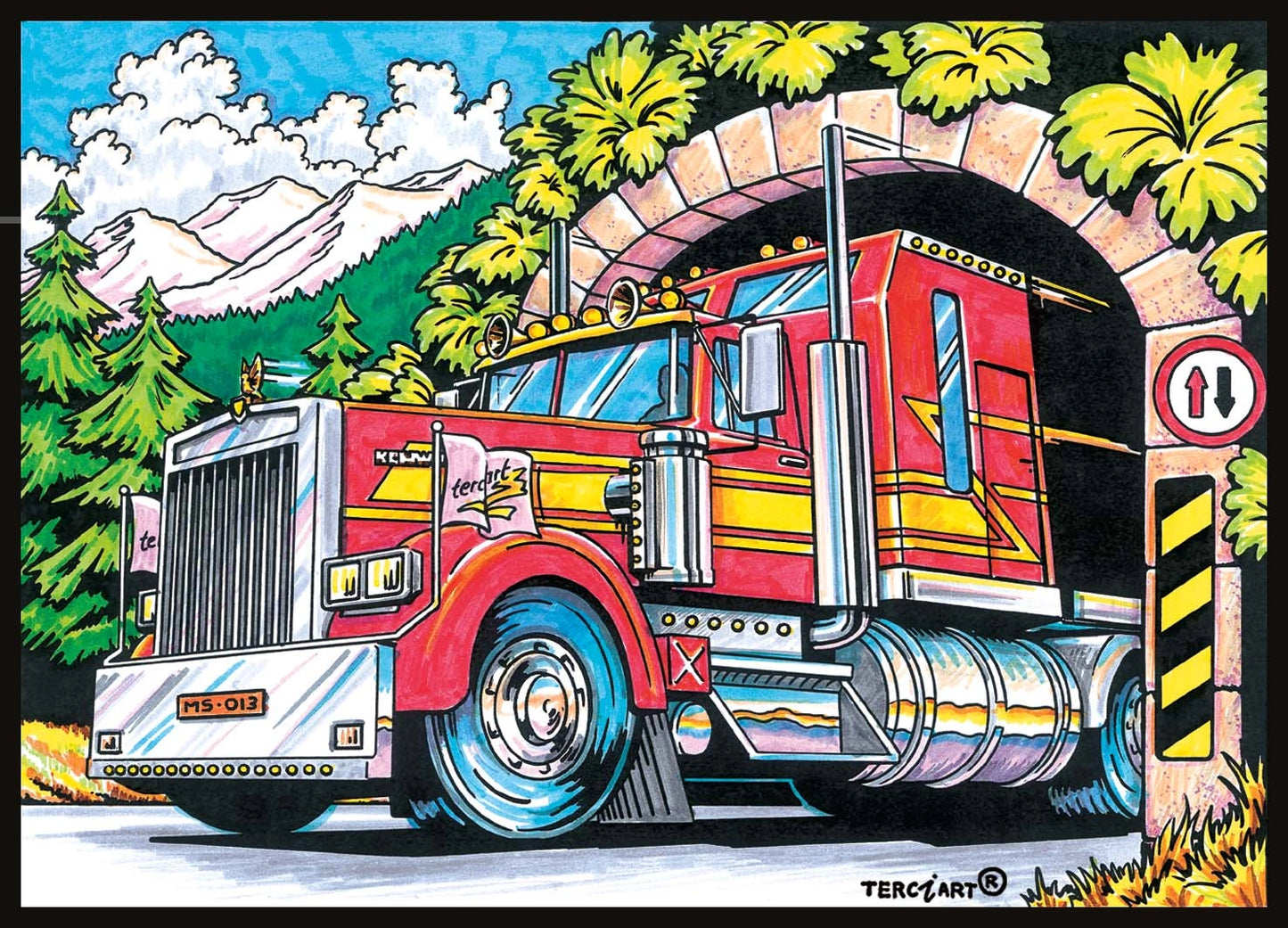 Photo d’un tableau à colorier en relief motif camion américain entrant dans un tunnel.