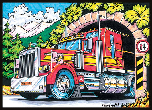 Photo d’un tableau à colorier en relief motif camion américain entrant dans un tunnel.