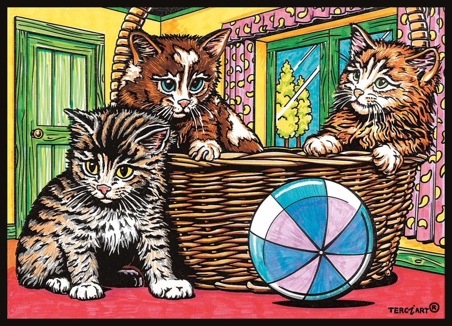 Photo d’un tableau à colorier en relief motif chatons dans un panier avec ballon.