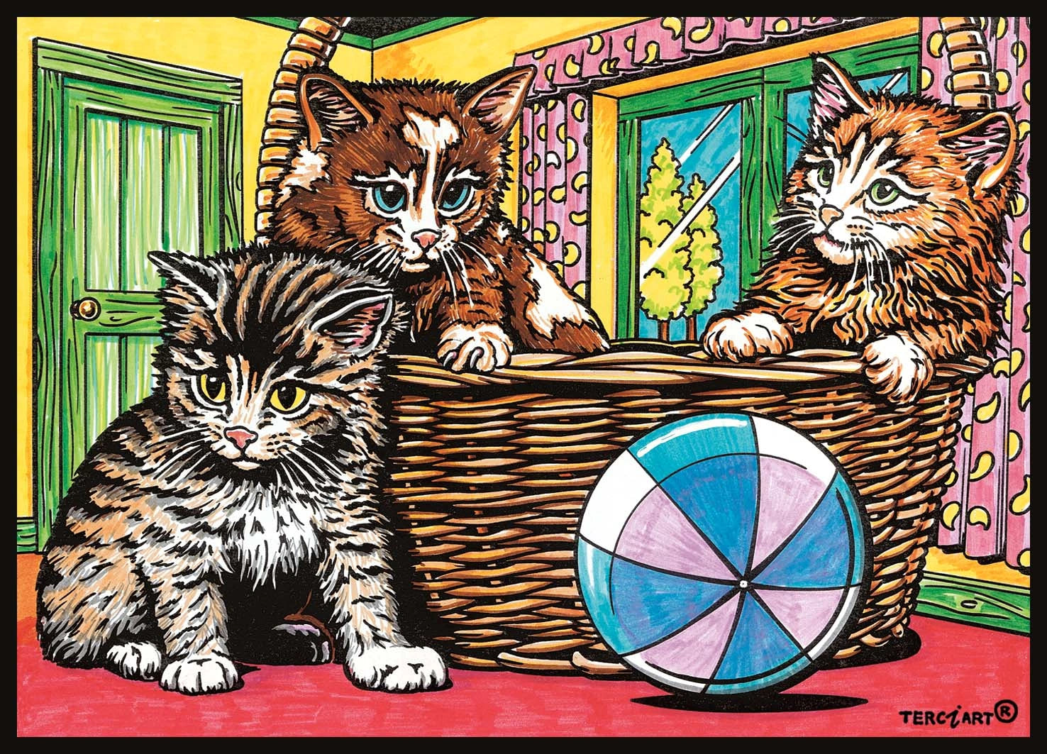 Photo d’un tableau à colorier en relief motif chatons dans un panier avec ballon.