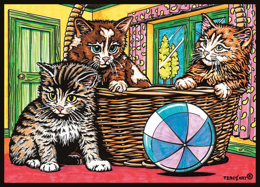 Photo d’un tableau à colorier en relief motif chatons dans un panier avec ballon.