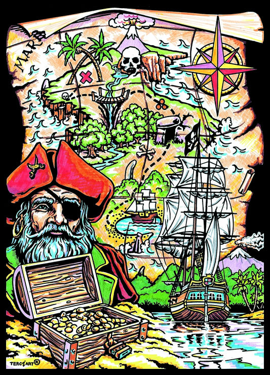 Photo d’un tableau à colorier en relief motif carte au trésor avec pirate et voilier.
