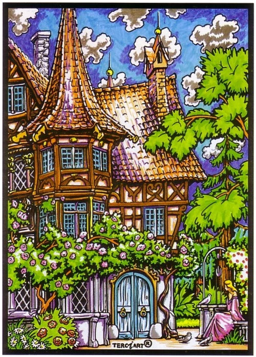 Photo d’un tableau à colorier en relief motif maison féerique avec jardin fleuri.