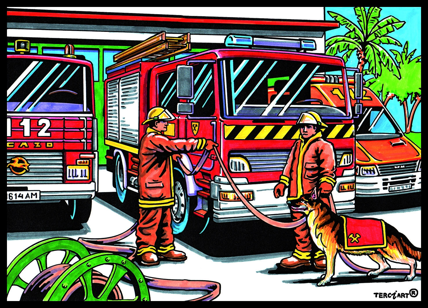 Photo d’un tableau à colorier en relief motif pompiers avec camion et chien.