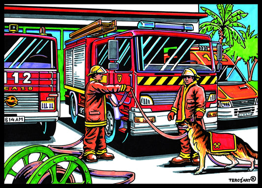 Photo d’un tableau à colorier en relief motif pompiers avec camion et chien.