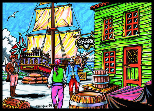 Photo d’un tableau à colorier en relief motif pirates et navire sur un quai.