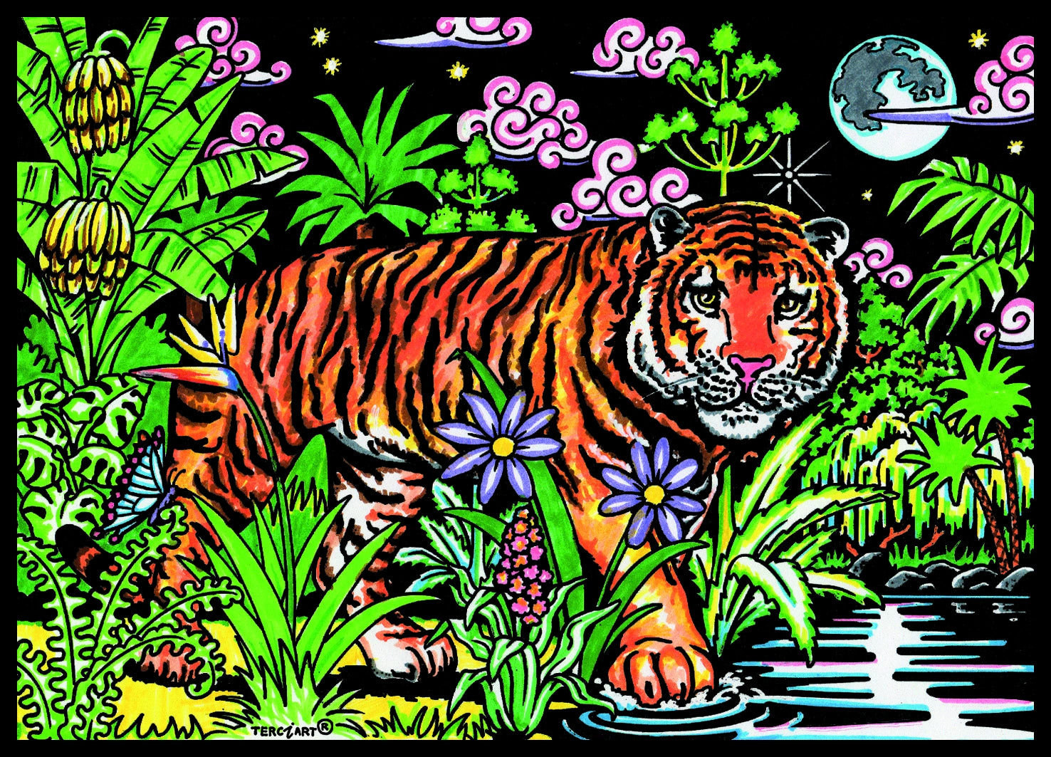 Photo d’un tableau à colorier en relief motif tigre dans la jungle tropicale.