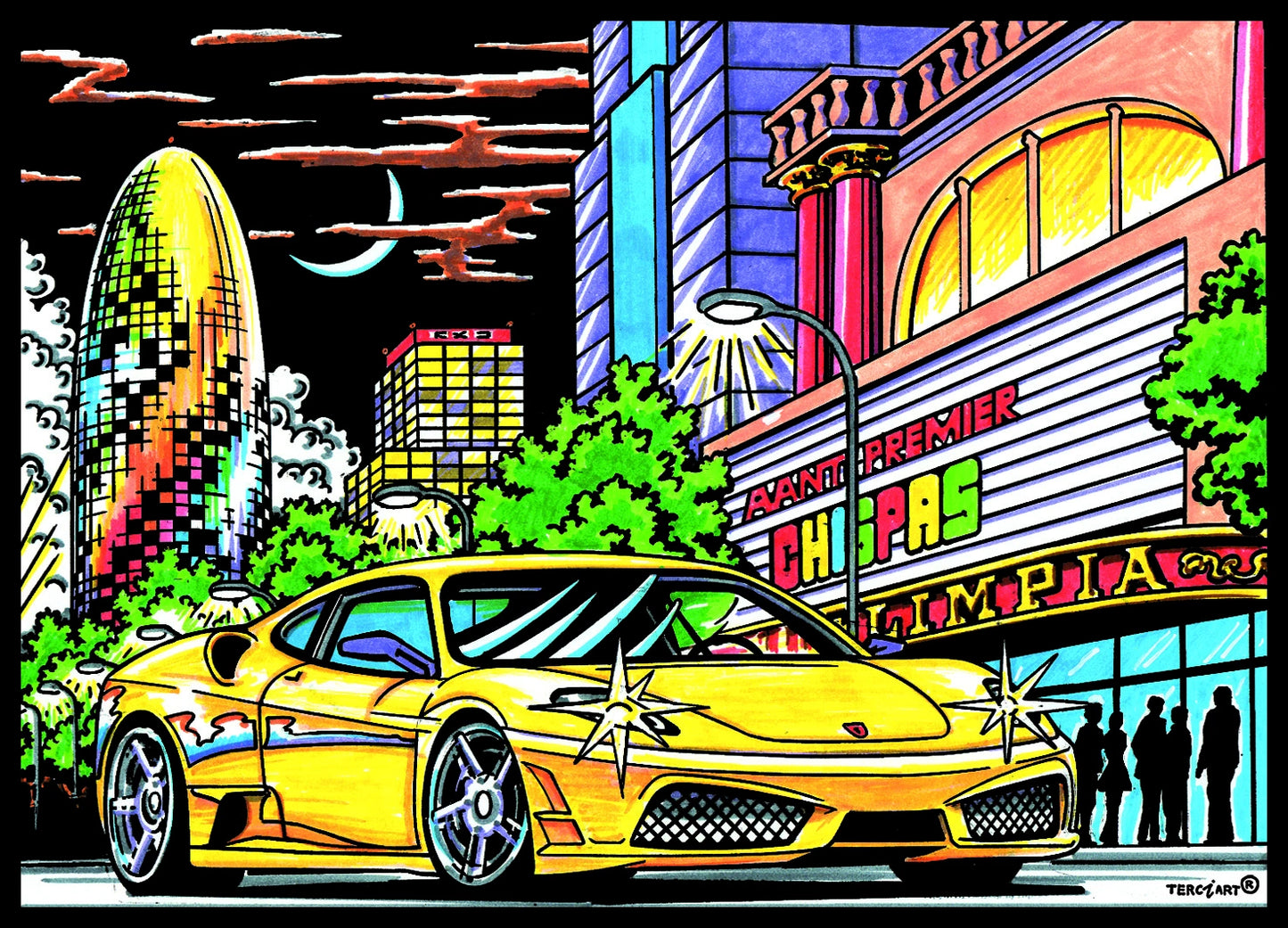 Photo d’un tableau à colorier en relief motif voiture de sport jaune dans un décor urbain nocturne.