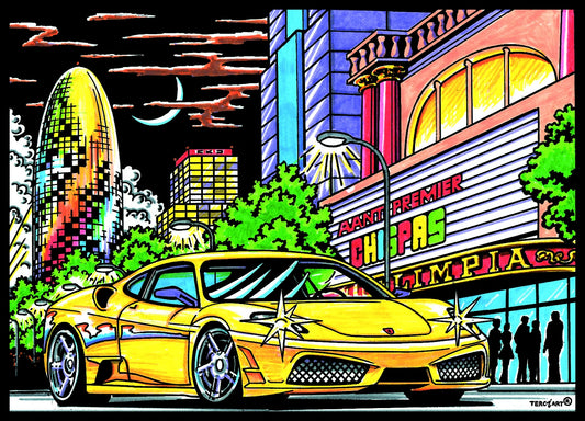 Photo d’un tableau à colorier en relief motif voiture de sport jaune dans un décor urbain nocturne.