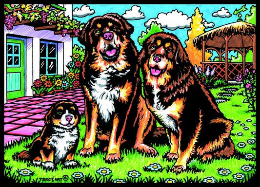 Photo d’un tableau à colorier en relief motif chiens de montagne bouviers en famille.