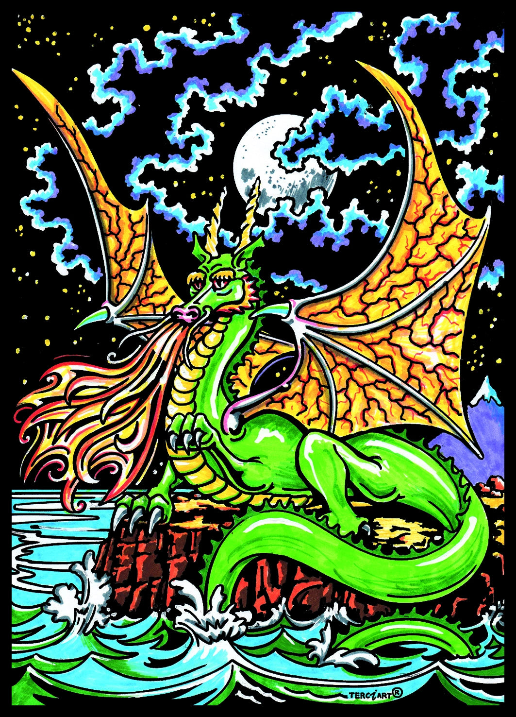 Photo d’un tableau à colorier en relief motif dragon fantastique cracheur de feu.