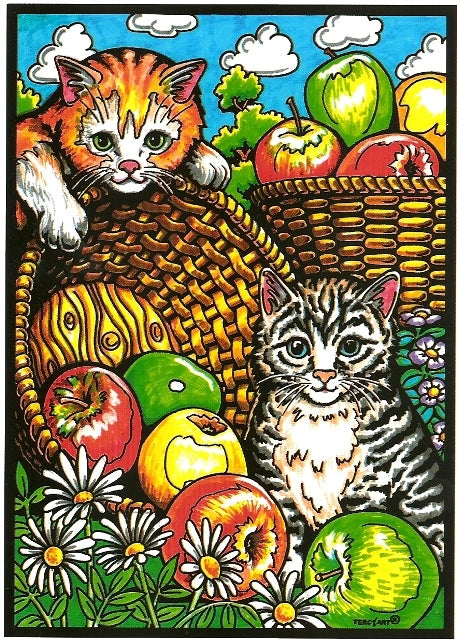 Photo d’un tableau à colorier en relief motif chatons avec paniers de pommes.