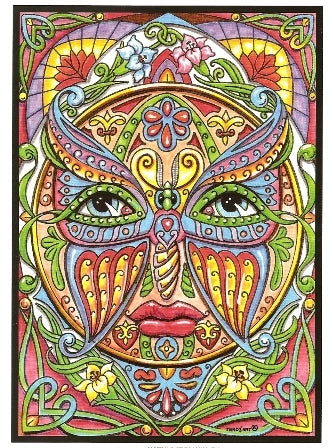 Photo d’un tableau à colorier en relief motif masque ornemental coloré.