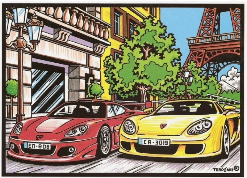 Photo d’un tableau à colorier en relief motif voitures de sport devant la tour Eiffel.