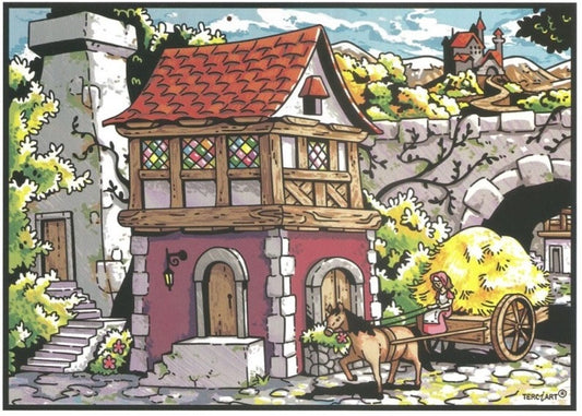 Photo d’un tableau à colorier en relief motif maison médiévale avec charrette à foin.