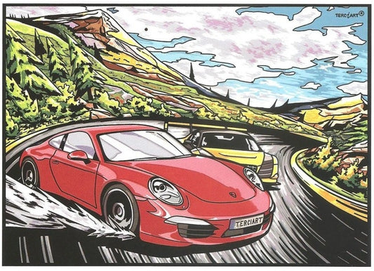 Photo d’un tableau à colorier en relief motif voitures de sport en montagne.