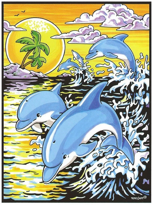 Photo d’un tableau à colorier en relief motif dauphins sautant au coucher du soleil.