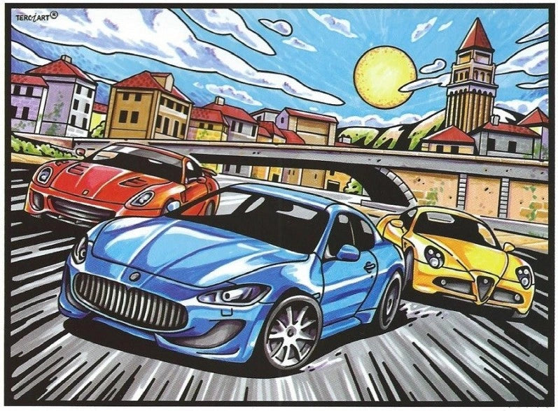 Photo d’un tableau à colorier en relief motif voitures de sport en course dans un décor urbain.