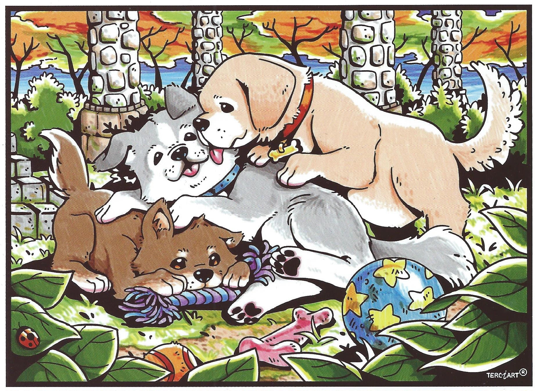Photo d’un tableau à colorier en relief représentant trois chiots jouant dans un jardin avec leurs jouets.
