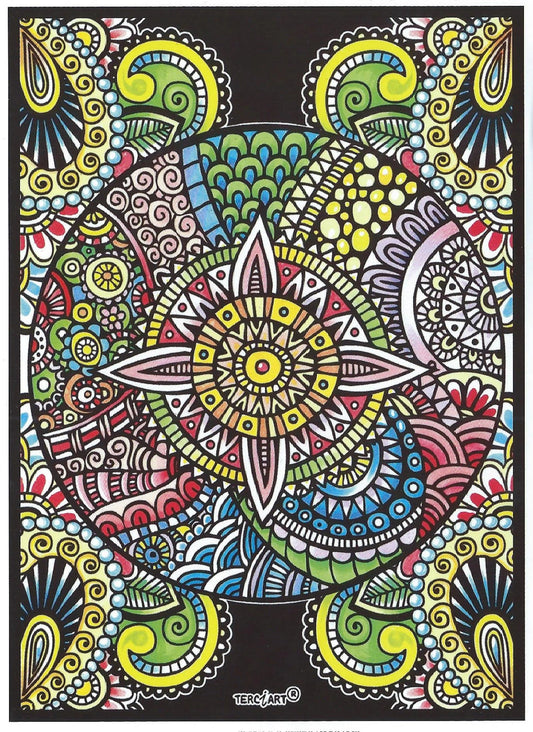 Photo d’un tableau à colorier en relief motif mandala géométrique et floral.
