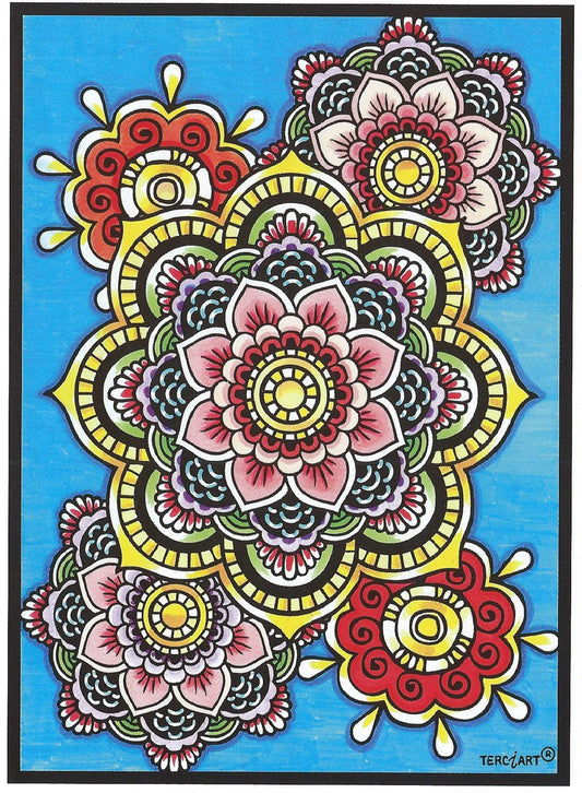 Photo d’un tableau à colorier en relief motif mandala floral coloré.