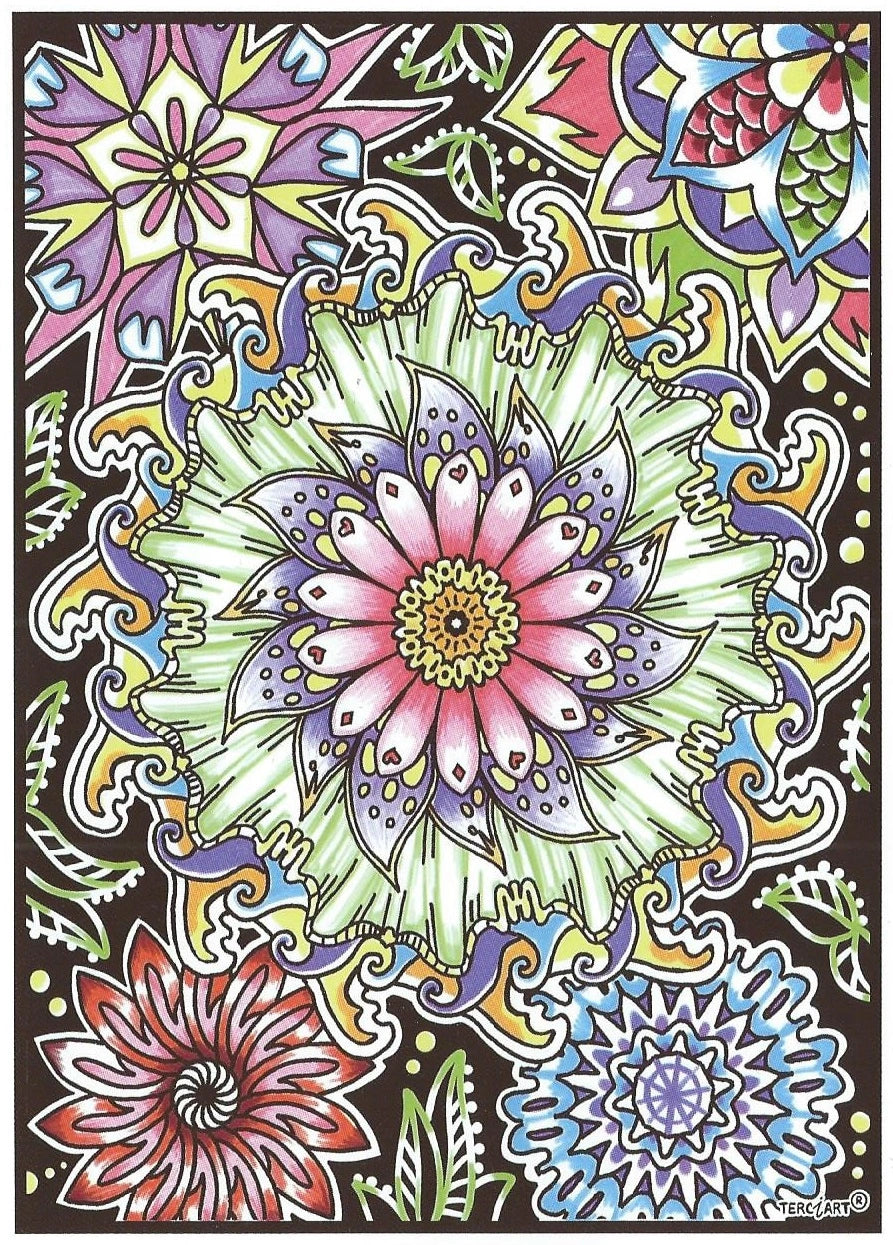 Photo d’un tableau à colorier en relief motif mandalas fleuris multicolores.