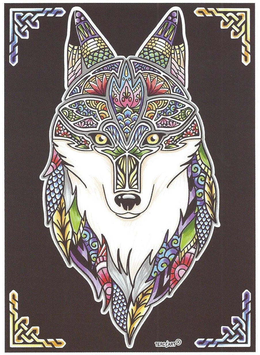 Photo d’un tableau à colorier en relief motif loup avec décor mandala coloré.