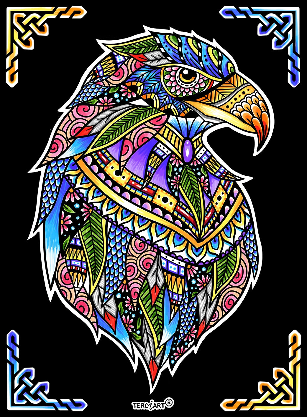 Photo d’un tableau à colorier en relief représentant un aigle décoratif aux plumes détaillées.