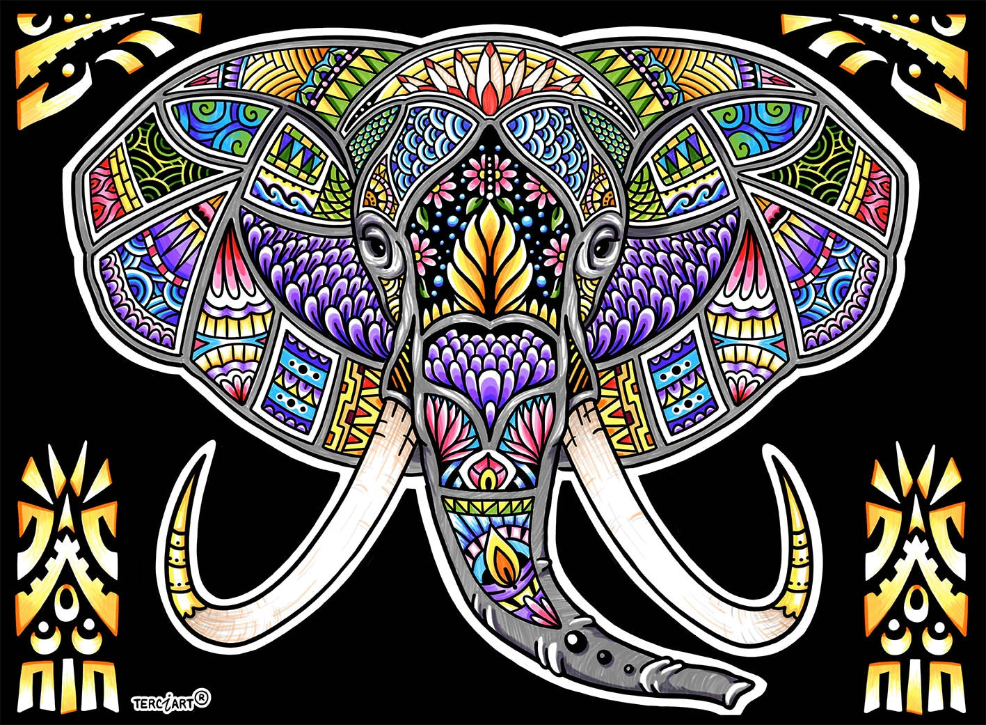 Photo d’un tableau à colorier en relief représentant un éléphant décoratif aux motifs tribaux et colorés.