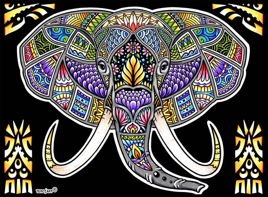 Photo d’un tableau à colorier en relief représentant un éléphant décoratif aux motifs tribaux et colorés.
