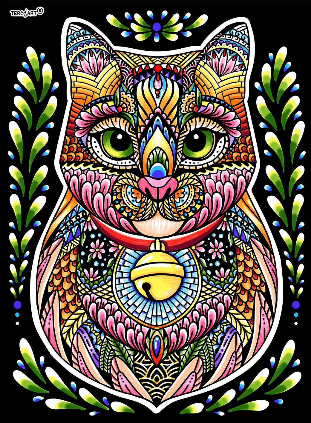 Photo d’un tableau à colorier en relief représentant un chat décoratif orné de motifs colorés et floraux.