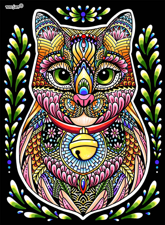 Photo d’un tableau à colorier en relief représentant un chat décoratif orné de motifs colorés et floraux.