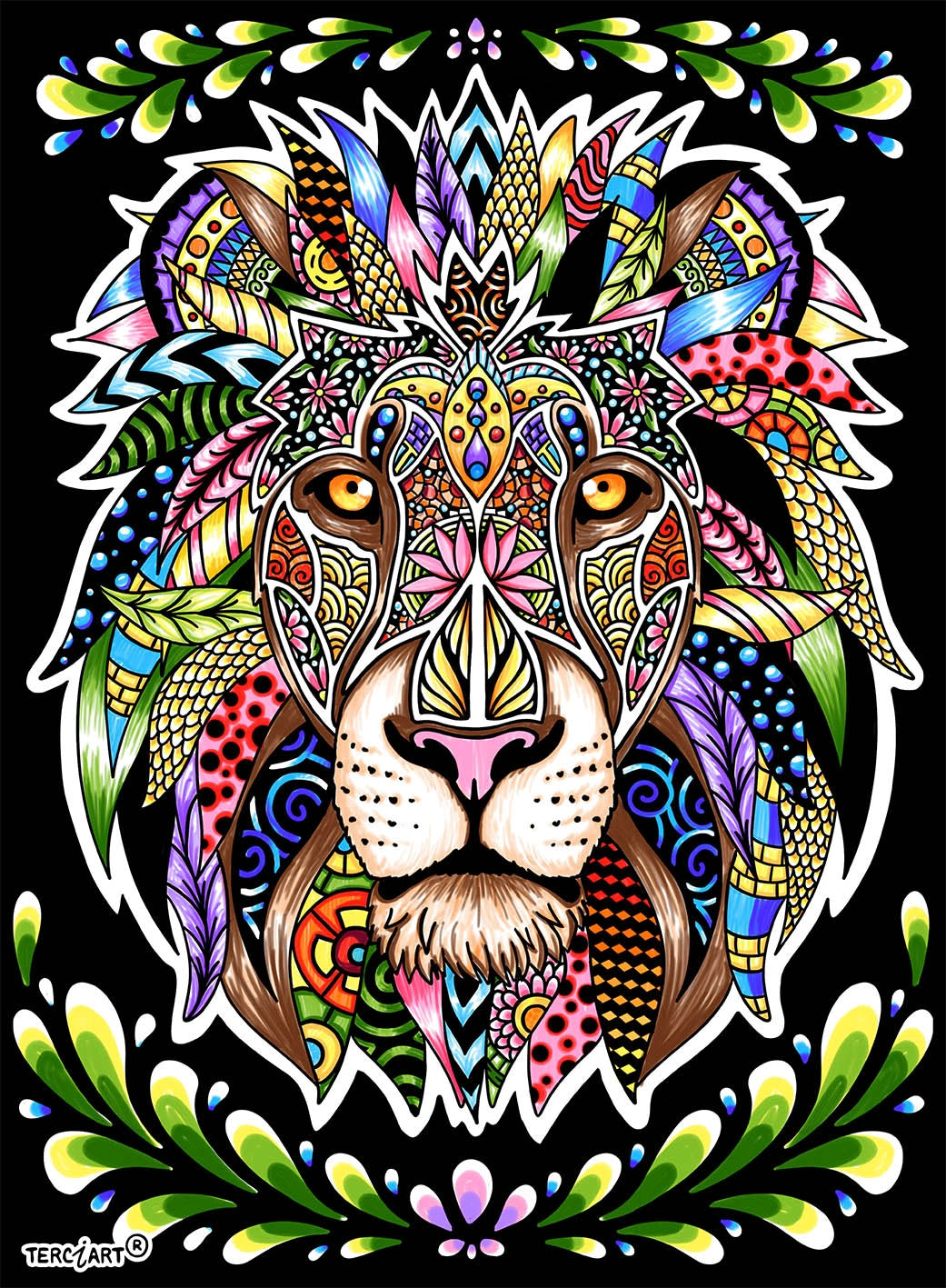 Photo d’un tableau à colorier en relief représentant un lion décoratif aux motifs colorés et détaillés.