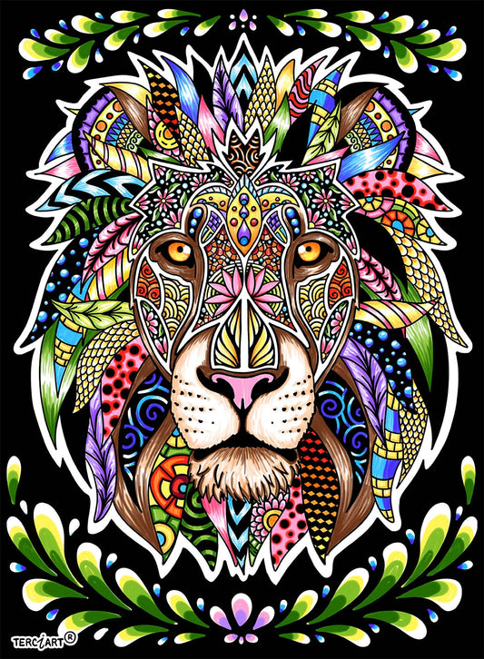 Photo d’un tableau à colorier en relief représentant un lion décoratif aux motifs colorés et détaillés.