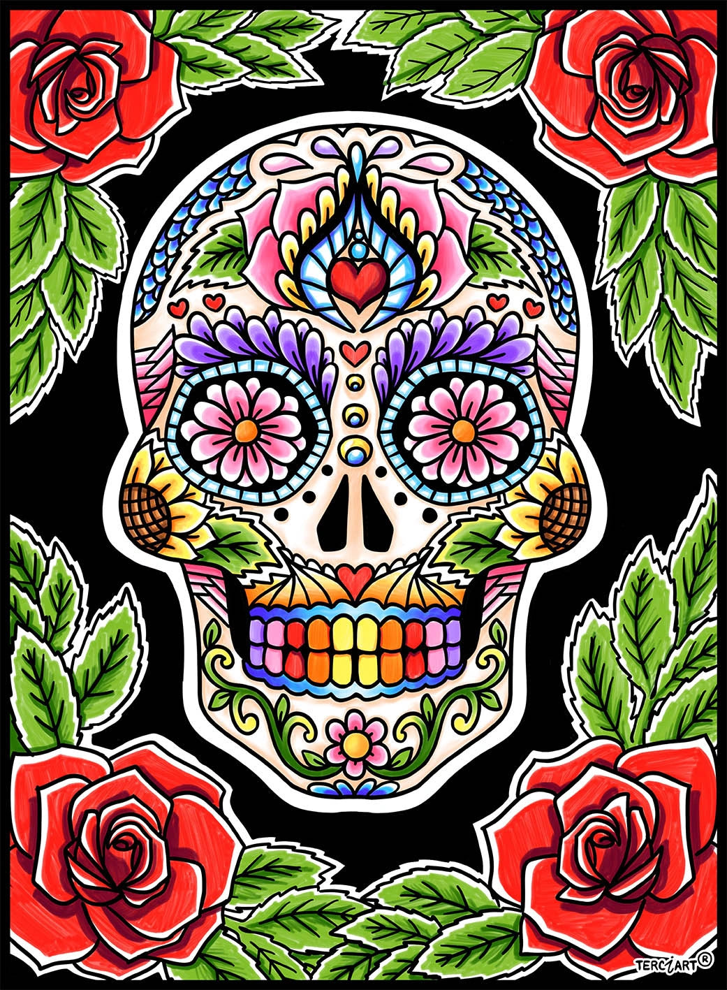 Photo d’un tableau à colorier en relief représentant une calavera décorative entourée de roses rouges.