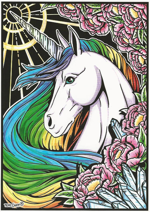 Tableau à colorier en relief représentant une licorne blanche avec crinière arc-en-ciel entourée de fleurs et cristaux.