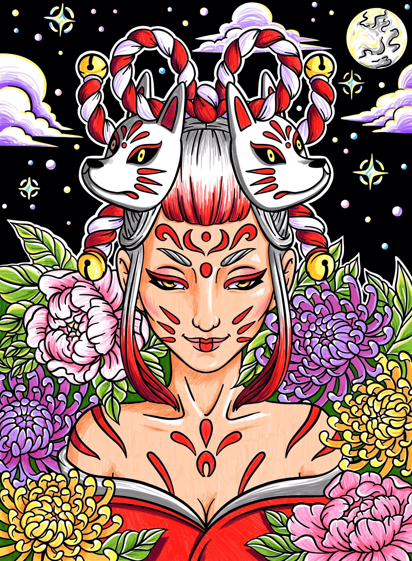 Photo d’un tableau à colorier en relief motif geisha avec masques kitsune et décor floral japonais.