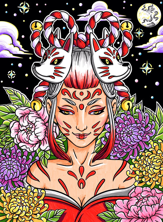 Photo d’un tableau à colorier en relief motif geisha avec masques kitsune et décor floral japonais.