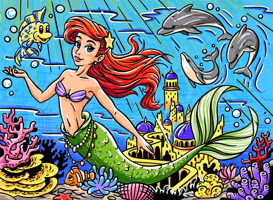 Photo d’un tableau à colorier en relief motif sirène avec poissons, dauphins et château sous-marin.