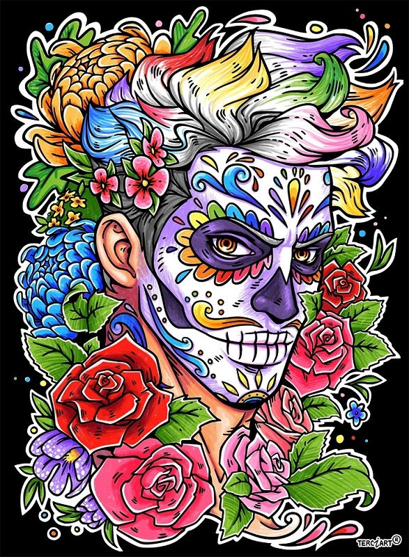 Photo d’un tableau à colorier en relief motif crâne mexicain fleuri style calavera.