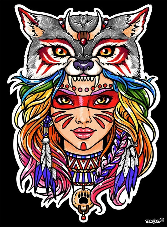 Photo d’un tableau à colorier en relief motif guerrière tribale avec coiffe de loup.