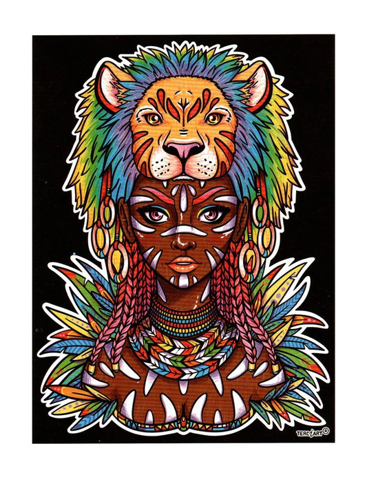 Photo d’un tableau à colorier en relief motif guerrière tribale avec coiffe de lion.