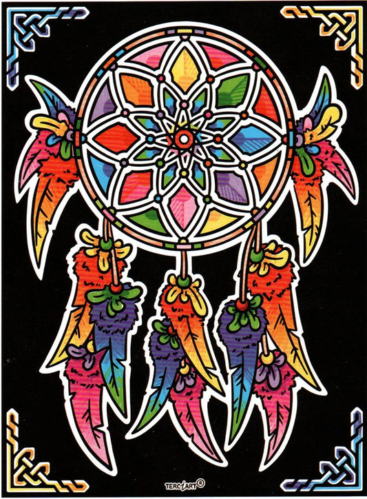 Photo d’un tableau à colorier en relief motif attrape-rêves aux plumes colorées.