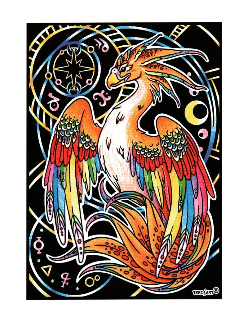 Photo d’un tableau à colorier en relief motif phénix mystique entouré de symboles magiques.