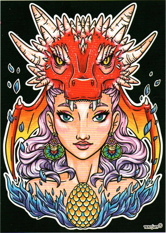 Photo d’un tableau à colorier en relief motif femme avec dragon rouge et œuf doré.