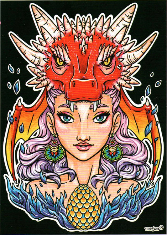 Photo d’un tableau à colorier en relief motif femme avec dragon rouge et œuf doré.