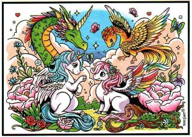 Photo d’un tableau à colorier en relief avec licornes, dragon et oiseau magique dans un décor floral.