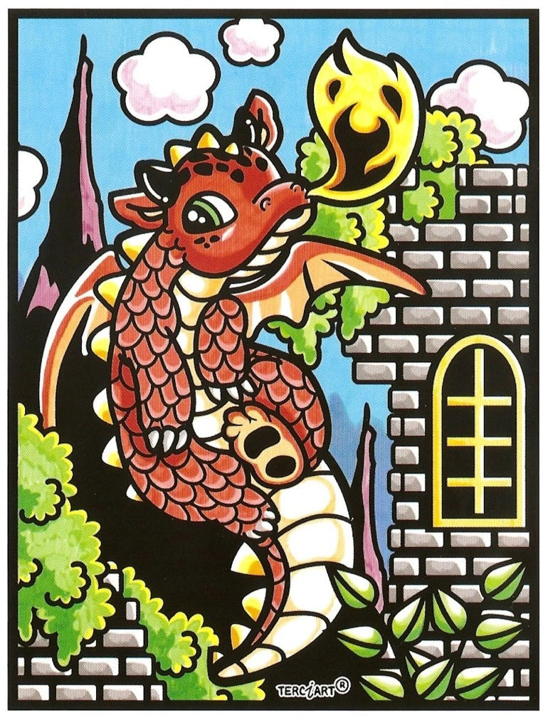 Photo d’un tableau à colorier en relief motif dragon devant un château