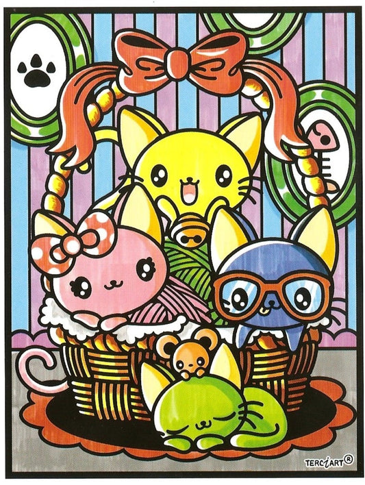 Photo d’un tableau à colorier en relief motif chats kawaii dans un panier